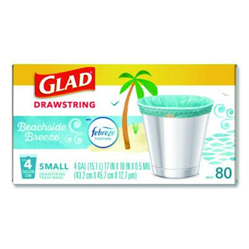 Glad OdorShield Small Drawstring Trash Bags, 4 gal, Beachside Breeze Scent, 0.5 mil, 18" x 17", Blue, 80/Box (79155)