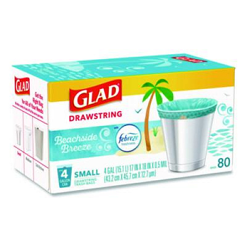 Glad OdorShield Small Drawstring Trash Bags, 4 gal, Beachside Breeze Scent, 0.5 mil, 18" x 17", Blue, 80/Box (79155)