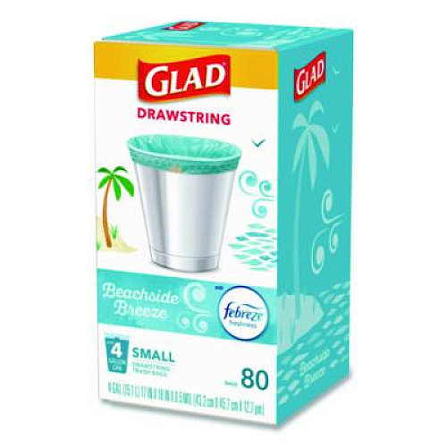 Glad OdorShield Small Drawstring Trash Bags, 4 gal, Beachside Breeze Scent, 0.5 mil, 18" x 17", Blue, 80/Box (79155)