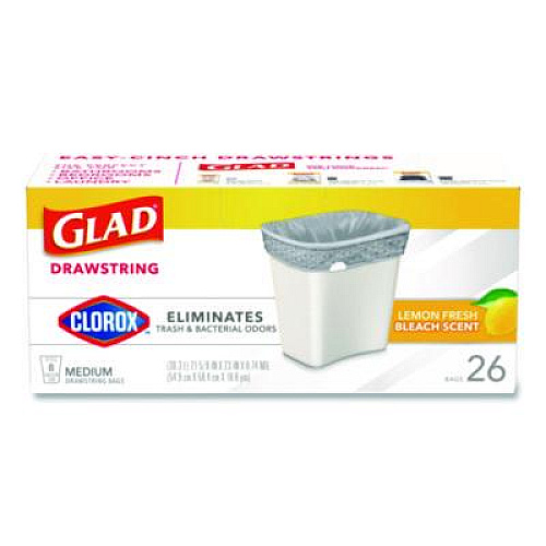Glad Medium Drawstring Trash Bags with Clorox, 8 gal, Lemon Fresh Bleach Scent, 0.74 mil, 23" x 21.63", Gray, 26/Box (79316)
