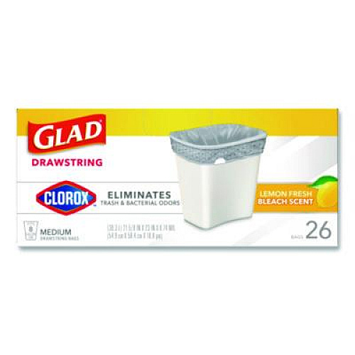 Glad Medium Drawstring Trash Bags with Clorox, 8 gal, Lemon Fresh Bleach Scent, 0.74 mil, 23" x 21.63", Gray, 26/Box (79316)