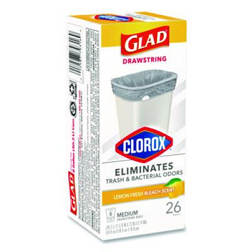 Glad Medium Drawstring Trash Bags with Clorox, 8 gal, Lemon Fresh Bleach Scent, 0.74 mil, 23" x 21.63", Gray, 26/Box (79316)