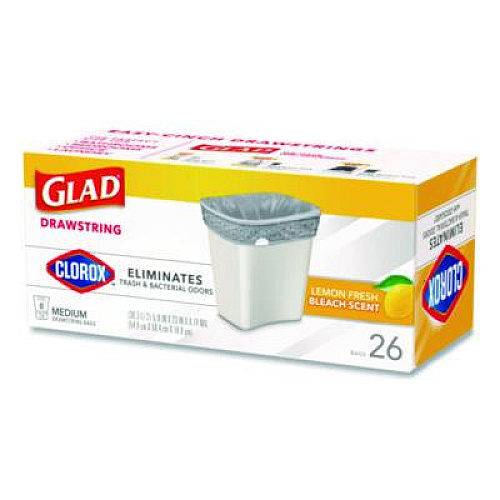 Glad Medium Drawstring Trash Bags with Clorox, 8 gal, Lemon Fresh Bleach Scent, 0.74 mil, 23" x 21.63", Gray, 26/Box (79316)