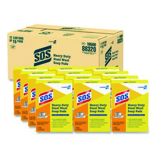 S.O.S. Steel Wool Soap Pads, 2.4 x 3, Steel, 15 Pads/Box, 12 Boxes/Carton (88320CT)