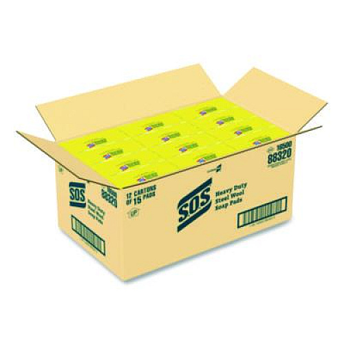 S.O.S. Steel Wool Soap Pads, 2.4 x 3, Steel, 15 Pads/Box, 12 Boxes/Carton (88320CT)