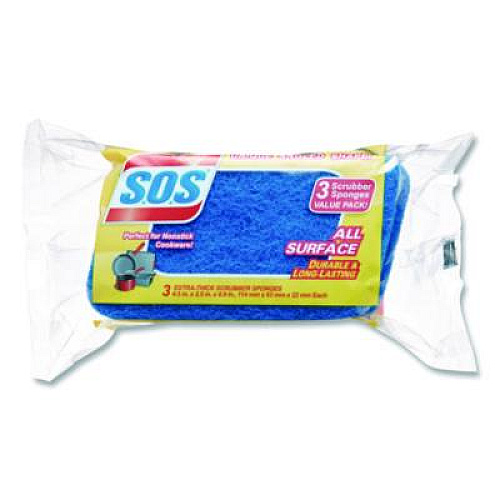 S.O.S. All Surface Scrubber Sponge, 2.5 x 4.5, 0.9" Thick, Dark Blue/Light Blue, 3/Pack, 8 Packs/Carton (91028CT)