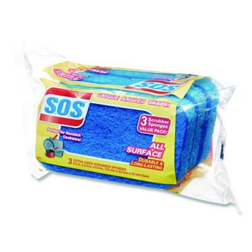 S.O.S. All Surface Scrubber Sponge, 2.5 x 4.5, 0.9" Thick, Dark Blue/Light Blue, 3/Pack, 8 Packs/Carton (91028CT)