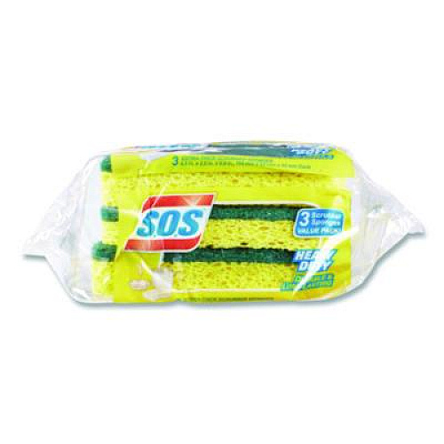 S.O.S. Heavy Duty Scrubber Sponge, 2.5 x 4.5, 0.9" Thick, Yellow/Green, 3/Pack, 8 Packs/Carton (91029CT)