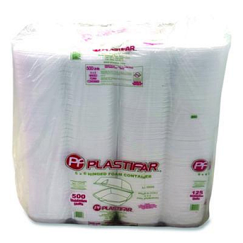 Plastifar Foam Hinged Lid Containers, 6 x 6 x 3, White, Foam, 500/Carton (12175)