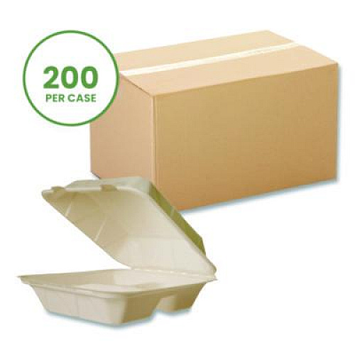 Vegware Nourish Molded Fiber Takeout Containers, Compostable, 3 Compartments, 7.9 x 7.9 x 2.9, White, Sugarcane, 200/Carton (VWHC83NFA)