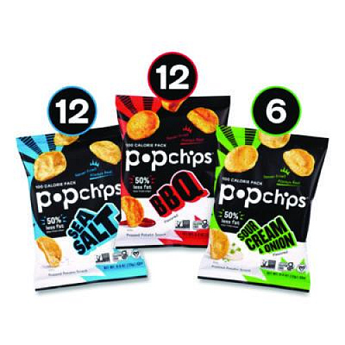 popchips Potato Chips, Variety Pack, Barbeque, Sea Salt, Sour Cream and Onion, 0.8 oz Bag, 30/Pack (22001998)