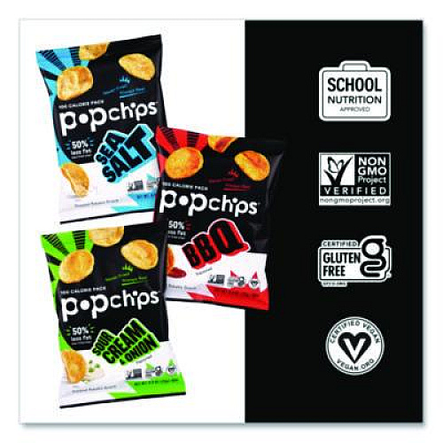 popchips Potato Chips, Variety Pack, Barbeque, Sea Salt, Sour Cream and Onion, 0.8 oz Bag, 30/Pack (22001998)