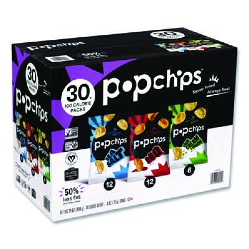 popchips Potato Chips, Variety Pack, Barbeque, Sea Salt, Sour Cream and Onion, 0.8 oz Bag, 30/Pack (22001998)