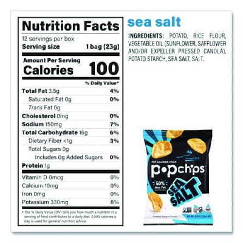 popchips Potato Chips, Variety Pack, Barbeque, Sea Salt, Sour Cream and Onion, 0.8 oz Bag, 30/Pack (22001998)