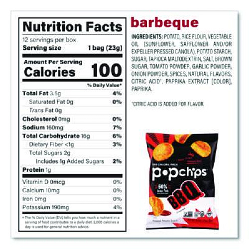 popchips Potato Chips, Variety Pack, Barbeque, Sea Salt, Sour Cream and Onion, 0.8 oz Bag, 30/Pack (22001998)