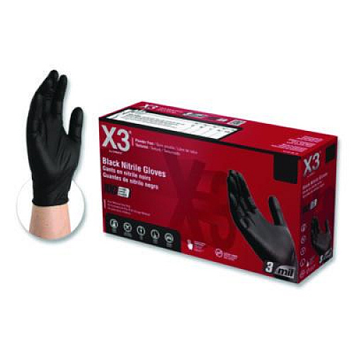 X3 by AMMEX Industrial Nitrile Gloves, Powder-Free, XX-Large, 3 mil Thick, 9.5" Long, Black, 100/Box (BX349100BX)