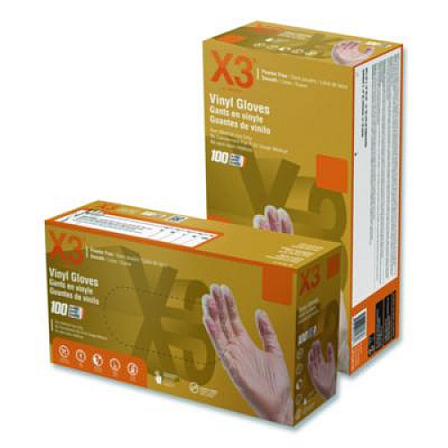 X3 by AMMEX Industrial Vinyl Gloves, Powder-Free, Small, 3 mil Thick, 9.5" Long, Clear, 100/Box (GPX342100BX)