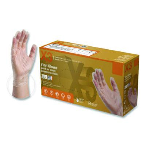 X3 by AMMEX Industrial Vinyl Gloves, Powder-Free, Small, 3 mil Thick, 9.5" Long, Clear, 100/Box (GPX342100BX)