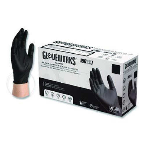 GloveWorks by AMMEX Nitrile Exam Gloves, Powder-Free, Small, 6 mil Thick, 9.5" Long, Black, 100/Box (GWBEN42100BX)