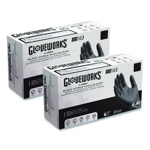 GloveWorks by AMMEX Nitrile Exam Gloves, Powder-Free, Small, 6 mil Thick, 9.5" Long, Black, 100/Box (GWBEN42100BX)