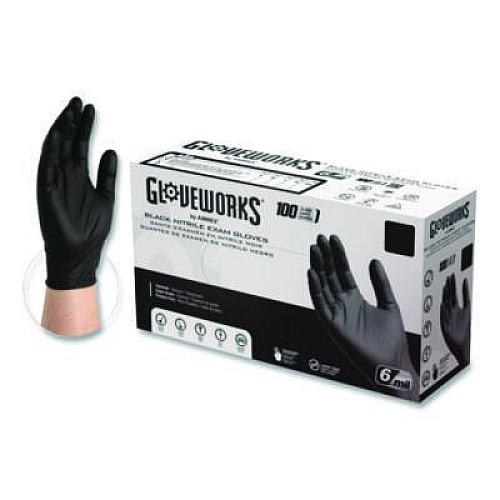 GloveWorks by AMMEX Nitrile Exam Gloves, Powder-Free, XX-Large, 6 mil Thick, 9.5" Long, Black, 100/Box (GWBEN49100BX)