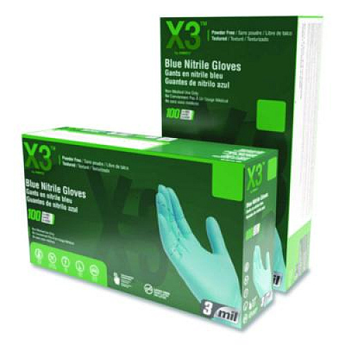 X3 by AMMEX Industrial Nitrile Gloves, Powder-Free, Small, 3 mil Thick, 9.5" Long, Blue, 100/Box (X342100BX)