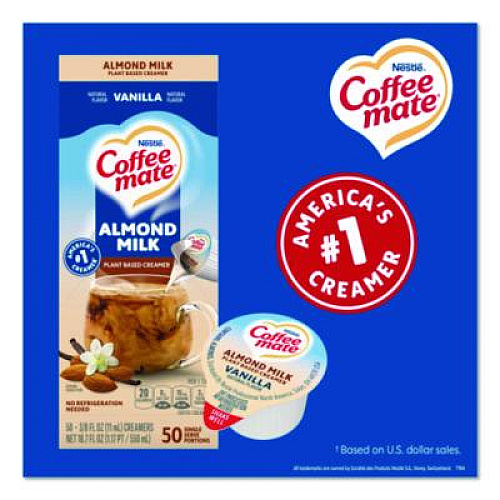 Coffee mate Plant-Based Almond Milk Non-Dairy Liquid Creamer Singles, Natural Vanilla, 0.38 oz Mini Cups, 200/Carton (42258CT)