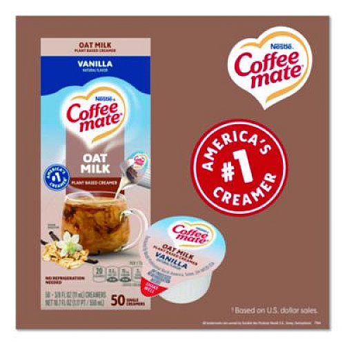 Coffee mate Plant-Based Oat Milk Liquid Creamers, Natural Vanilla, 0.38 oz Mini Cups, 50/Box, 4 Boxes/Carton (19891CT)