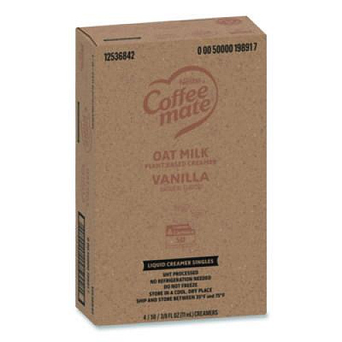 Coffee mate Plant-Based Oat Milk Liquid Creamers, Natural Vanilla, 0.38 oz Mini Cups, 50/Box, 4 Boxes/Carton (19891CT)