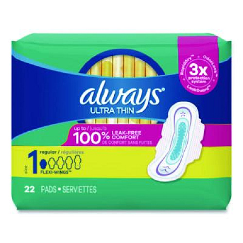 Always Ultra Thin Pads with Wings, Size 1, Regular Absorbency, 22 Pads/Pack, 12 Packs/Carton (03339)