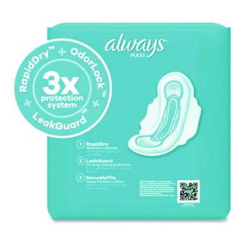 Always Maxi Long Super Daytime Pad with Wings, Size 2, Super Absorbency, 18/Pack, 8 Packs/Carton (03368)