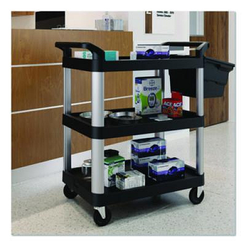 Suncast Commercial Three-Shelf Service Cart, Metal/Plastic, 3 Shelves, 300 lb Capacity, 20" x 34" x 37.92", Black (RC2030)