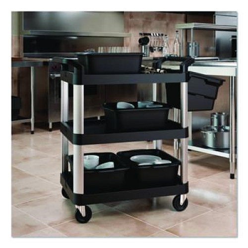 Suncast Commercial Three-Shelf Service Cart, Metal/Plastic, 3 Shelves, 300 lb Capacity, 20" x 34" x 37.92", Black (RC2030)