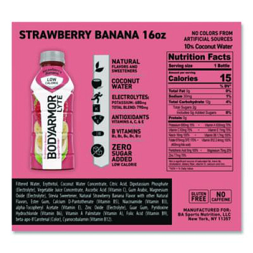 BodyArmor LYTE Sports Drink, Strawberry Banana, 16 oz Bottle, 12/Pack (411896)
