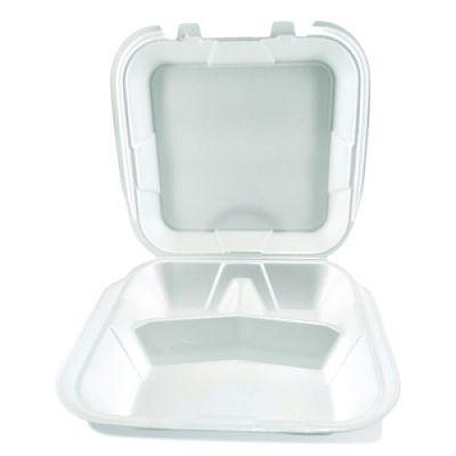 Plastifar Foam Hinged Lid Containers, 3-Compartment, 9 x 9 x 3, White, Foam, 200/Carton (12083)