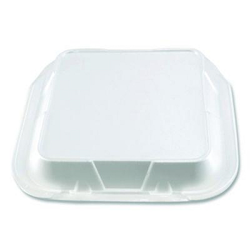 Plastifar Foam Hinged Lid Containers, 3-Compartment, 9 x 9 x 3, White, Foam, 200/Carton (12083)