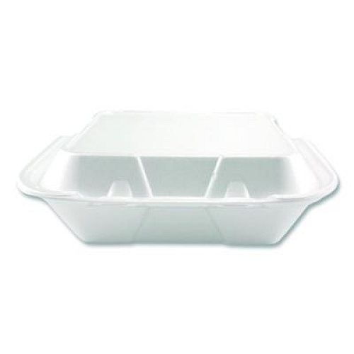 Plastifar Foam Hinged Lid Containers, 3-Compartment, 9 x 9 x 3, White, Foam, 200/Carton (12083)