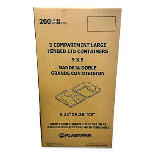 Plastifar Foam Hinged Lid Containers, 3-Compartment, 9 x 9 x 3, White, Foam, 200/Carton (12083)