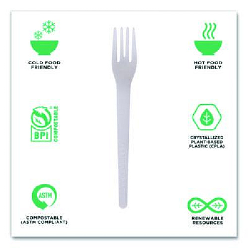 Eco-Products Plantware Compostable Cutlery, Fork, Plastic, Pearl White, 50/Pack, 20 Packs/Carton (EPS012)