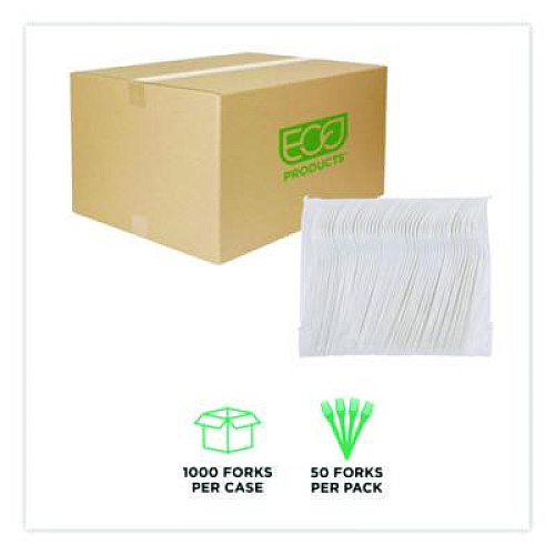 Eco-Products Plantware Compostable Cutlery, Fork, Plastic, Pearl White, 50/Pack, 20 Packs/Carton (EPS012)