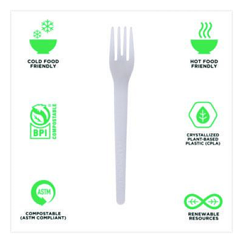 Eco-Products Plantware Compostable Cutlery, Fork, Plastic, White, 1,000/Carton (EPS012W)