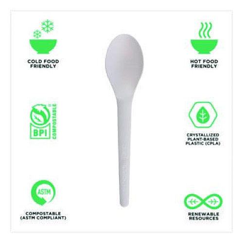Eco-Products Plantware Compostable Cutlery, Spoon, Plastic, Pearl White, 50/Pack, 20 Pack/Carton (EPS013)