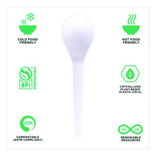Eco-Products Plantware Compostable Soup Spoon, Heavyweight, Plastic, White, 50/Pack, 20 Packs/Carton (EPS014)