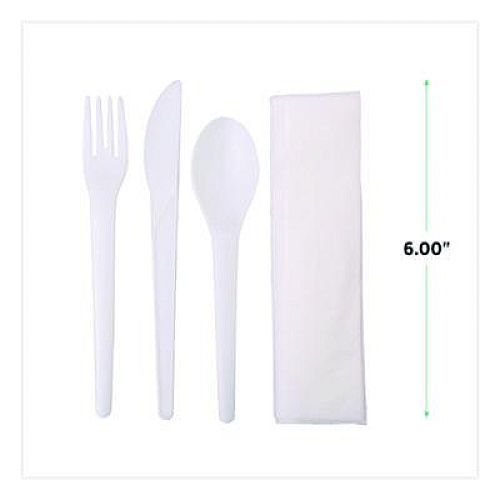 Eco-Products Plantware Compostable Cutlery Kit, Fork/Knife/Napkin/Spoon, Pearl White, 250 Kits/Carton (EPS015)