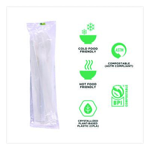Eco-Products Plantware Compostable Cutlery Kit, Fork/Knife/Napkin/Spoon, Pearl White, 250 Kits/Carton (EPS015)