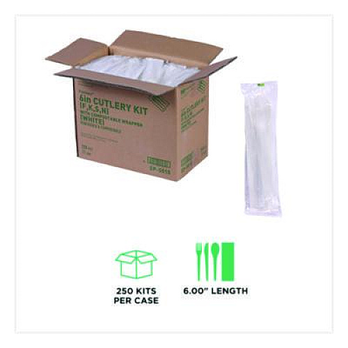 Eco-Products Plantware Compostable Cutlery Kit, Fork/Knife/Napkin/Spoon, Pearl White, 250 Kits/Carton (EPS015)