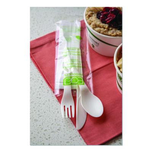 Eco-Products Plantware Compostable Cutlery Kit, Fork/Knife/Napkin/Spoon, Pearl White, 250 Kits/Carton (EPS015)