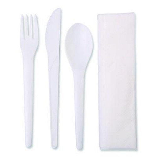 Eco-Products Plantware Compostable Cutlery Kit, Fork/Knife/Napkin/Spoon, Pearl White, 250 Kits/Carton (EPS015)