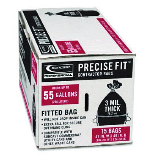 Suncast Commercial Precise Fit Contractor Bag, Open-Face, 55 gal, 3 mil, 41" x 49", Black, 15/Box (UCL55315B)