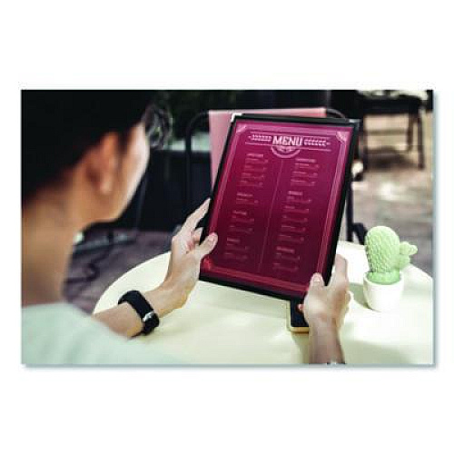 Excello Global Products Menu Holder For 8.5 x 11 Menus, Portrait Orientation, 2-View, 9.3 x 12 Holder, Clear/Black/Silver, 10/Pack (SPLSMENU2)